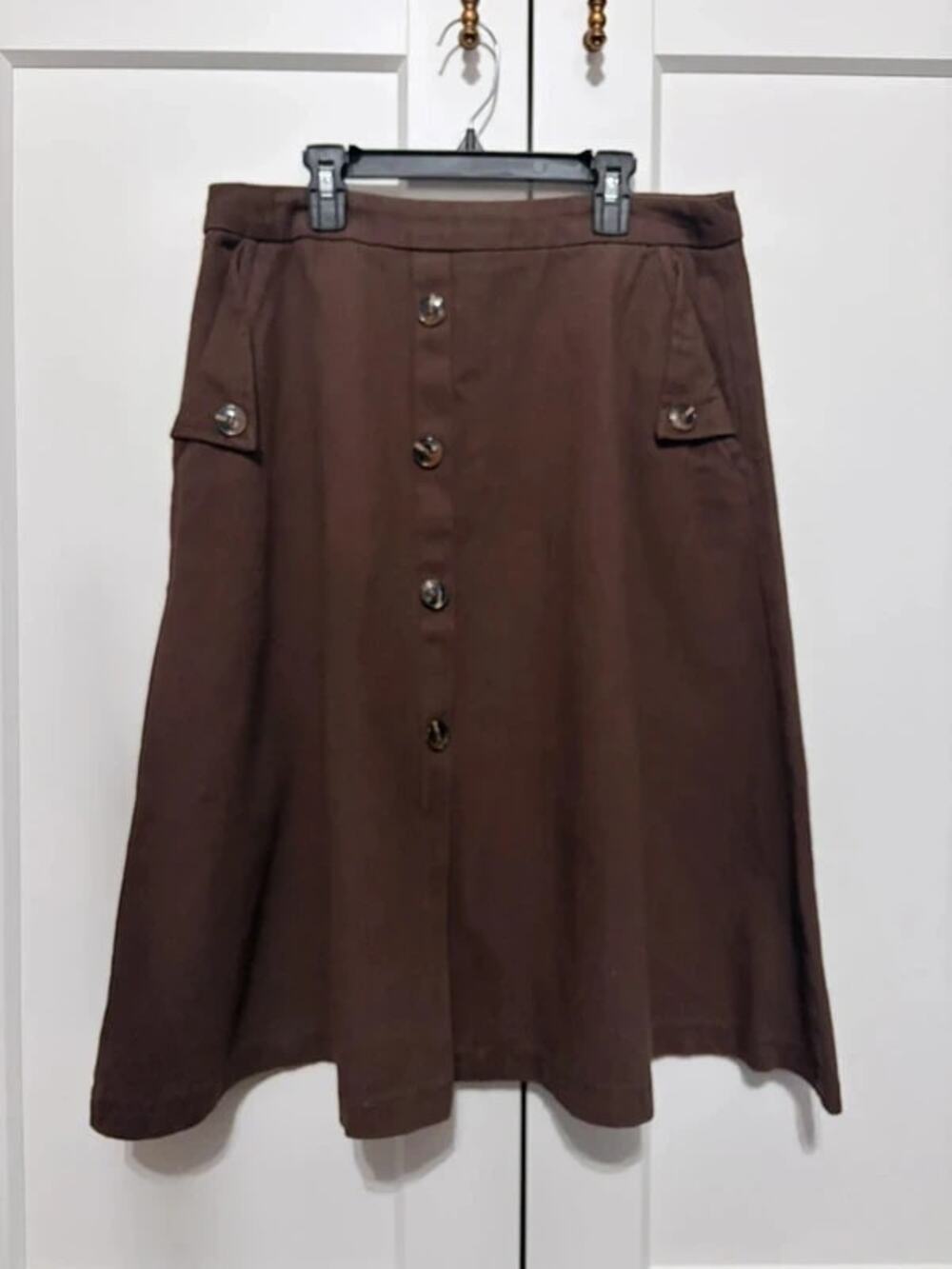 Dark Academia Cottagecore Chocolate Brown Button Front Midi Skirt Size L
